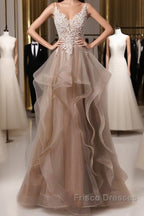 A-Line Formal Prom Dress Open Back Dress Formal Wedding Party Floor Length Sleeveless Spaghetti Strap Lace With Ruffles Appliques