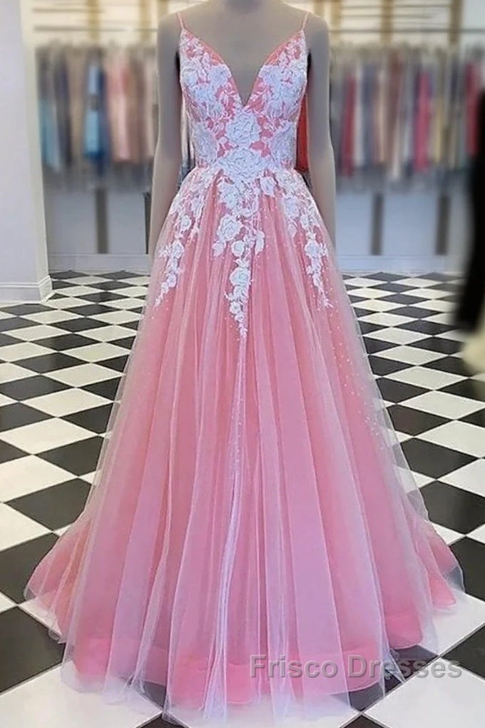 A-Line Formal Prom Dress Princess Dress Formal Floor Length Sleeveless V Neck Tulle With Pleats Appliques Main image