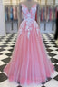 A-Line Formal Prom Dress Princess Dress Formal Floor Length Sleeveless V Neck Tulle With Pleats Appliques
