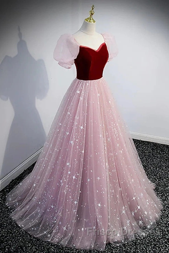 A-Line Formal Prom Dress Princess Dress Formal Prom Floor Length Short Sleeve Sweetheart Tulle With Sequin