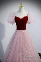A-Line Formal Prom Dress Princess Dress Formal Prom Floor Length Short Sleeve Sweetheart Tulle With Sequin