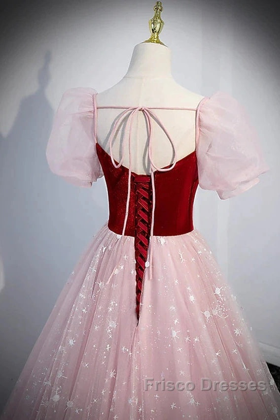 A-Line Formal Prom Dress Princess Dress Formal Prom Floor Length Short Sleeve Sweetheart Tulle With Sequin