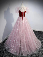 A-Line Formal Prom Dress Princess Dress Formal Prom Floor Length Short Sleeve Sweetheart Tulle With Sequin