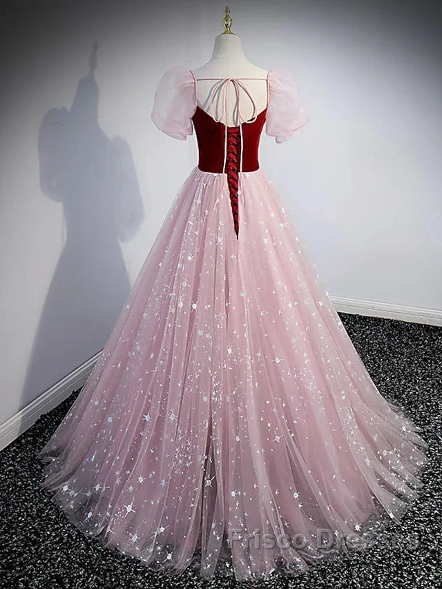 A-Line Formal Prom Dress Princess Dress Formal Prom Floor Length Short Sleeve Sweetheart Tulle With Sequin