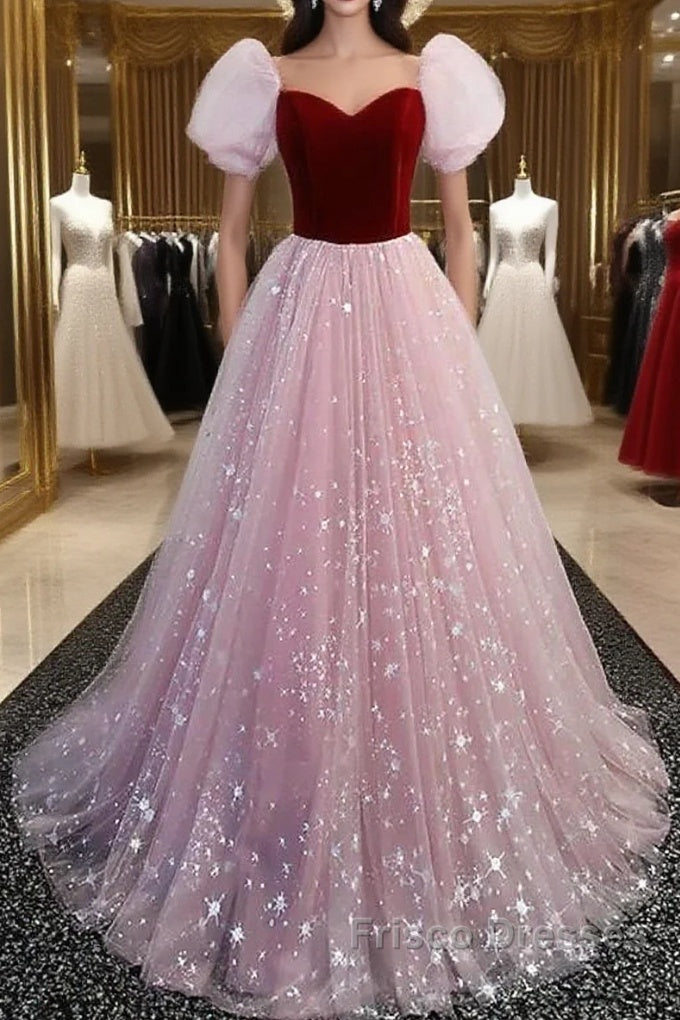 A-Line Formal Prom Dress Princess Dress Formal Prom Floor Length Short Sleeve Sweetheart Tulle With Sequin Main image