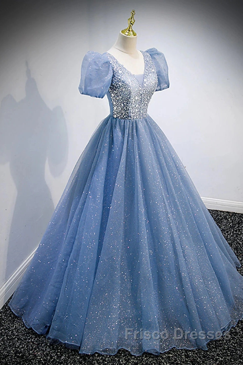 A-Line Formal Prom Dress Puffy Dress Quinceanera Floor Length Short Sleeve V Neck Tulle With Sequin Secondary image