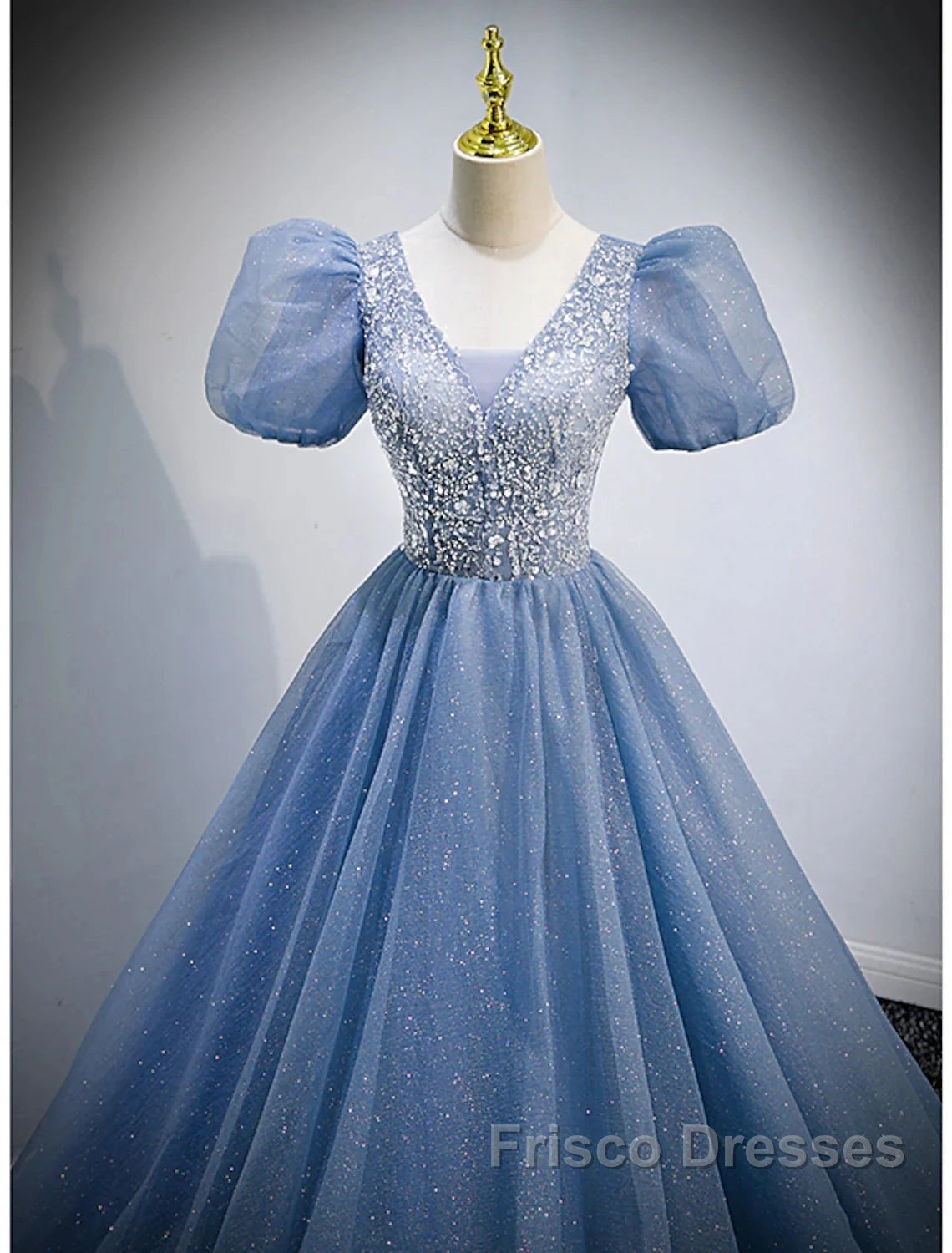 A-Line Formal Prom Dress Puffy Dress Quinceanera Floor Length Short Sleeve V Neck Tulle With Sequin