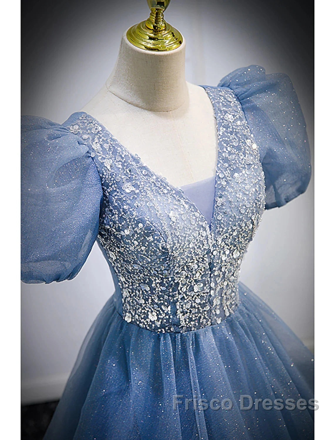 A-Line Formal Prom Dress Puffy Dress Quinceanera Floor Length Short Sleeve V Neck Tulle With Sequin