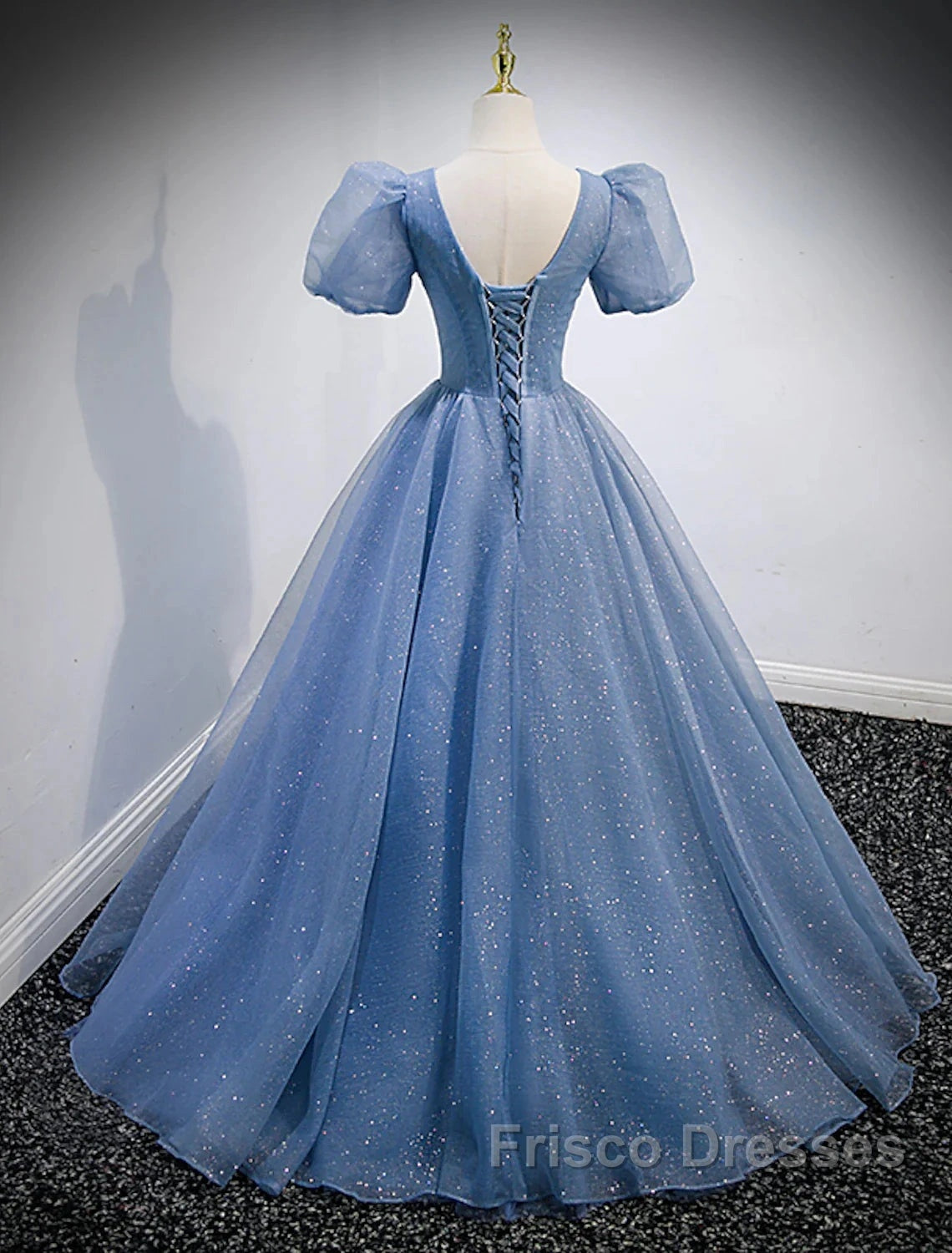 A-Line Formal Prom Dress Puffy Dress Quinceanera Floor Length Short Sleeve V Neck Tulle With Sequin