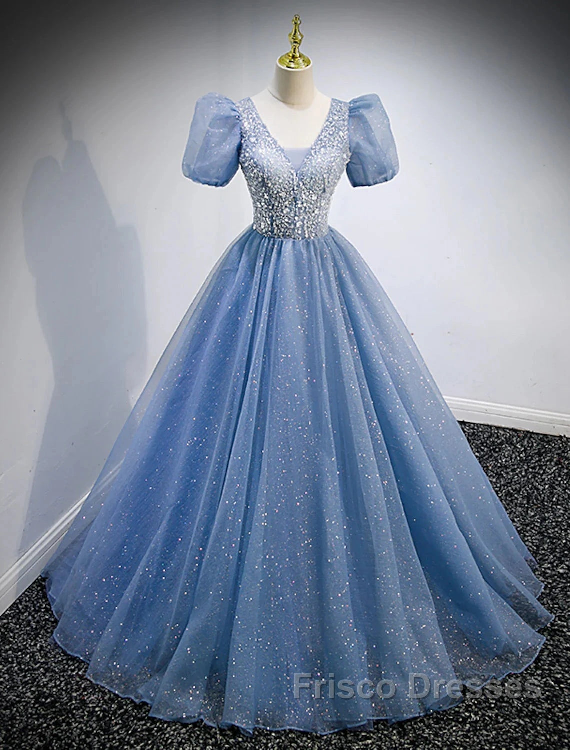 A-Line Formal Prom Dress Puffy Dress Quinceanera Floor Length Short Sleeve V Neck Tulle With Sequin