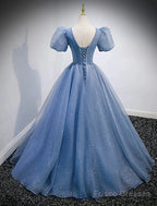 A-Line Prom Dresses Puffy Dress Wedding Guest Quinceanera Floor Length Short Sleeve V Neck Tulle With Sequin