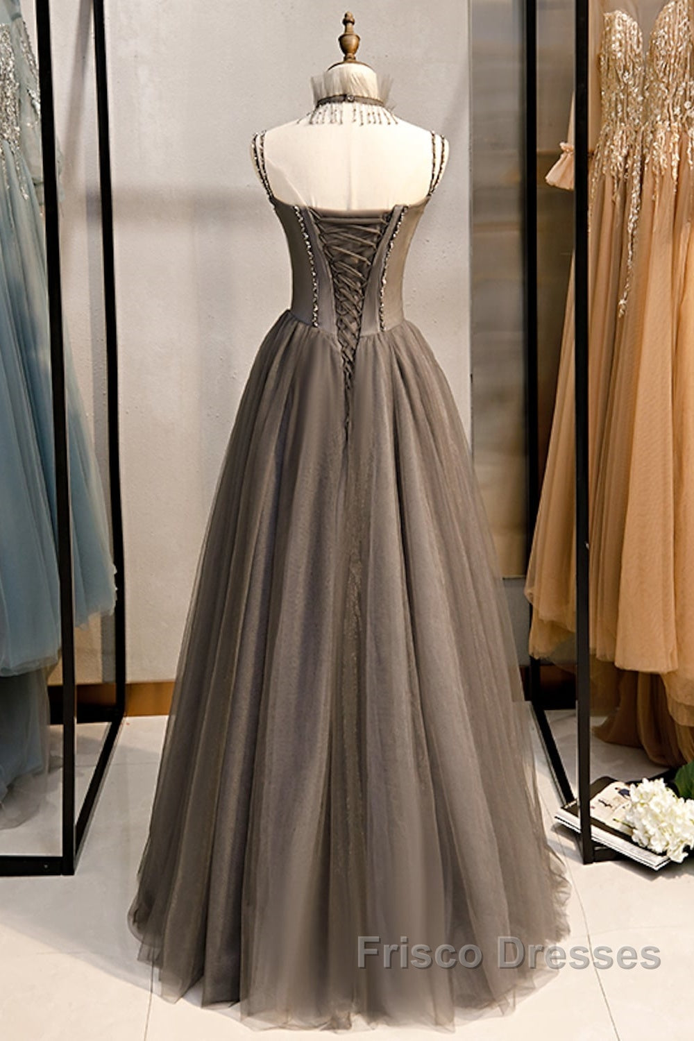 A-Line Formal Prom Dress Sexy Dress Formal Floor Length Sleeveless Strap Tulle With Pleats Crystals Secondary image