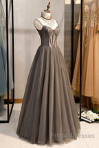A-Line Formal Prom Dress Sexy Dress Formal Floor Length Sleeveless Strap Tulle With Pleats Crystals