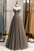 A-Line Formal Prom Dress Sexy Dress Formal Floor Length Sleeveless Strap Tulle With Pleats Crystals