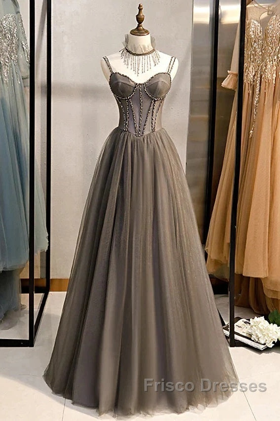 A-Line Formal Prom Dress Sexy Dress Formal Floor Length Sleeveless Strap Tulle With Pleats Crystals