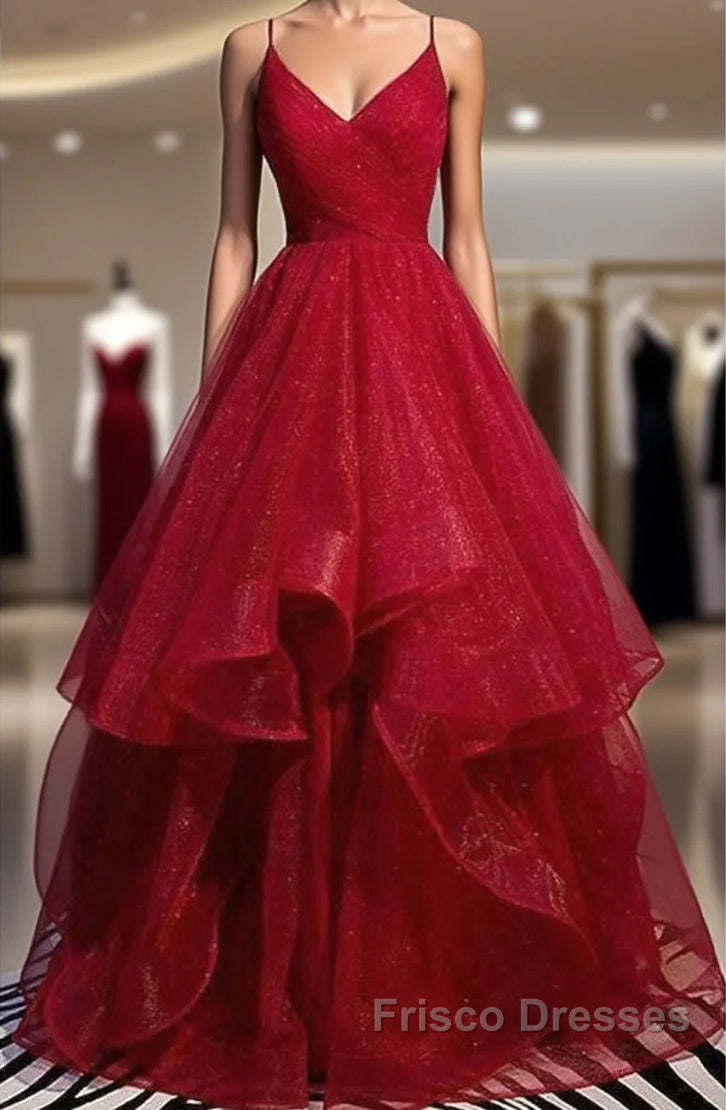 A-Line Formal Prom Dress Sexy Dress Party Wear Floor Length Sleeveless Spaghetti Strap Tulle With Ruffles Main image