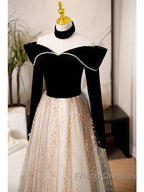 A-Line Formal Prom Dress Sparkle & Shine Dress Engagement Floor Length Long Sleeve Sweetheart Tulle With Sequin