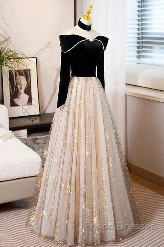 A-Line Formal Prom Dress Sparkle & Shine Dress Engagement Floor Length Long Sleeve Sweetheart Tulle With Sequin