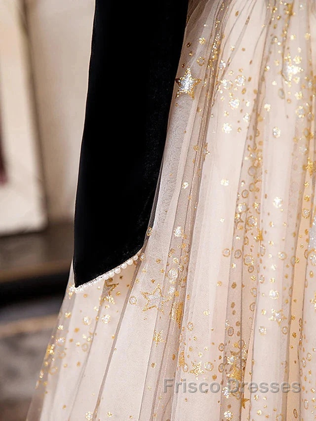 A-Line Formal Prom Dress Sparkle & Shine Dress Engagement Floor Length Long Sleeve Sweetheart Tulle With Sequin