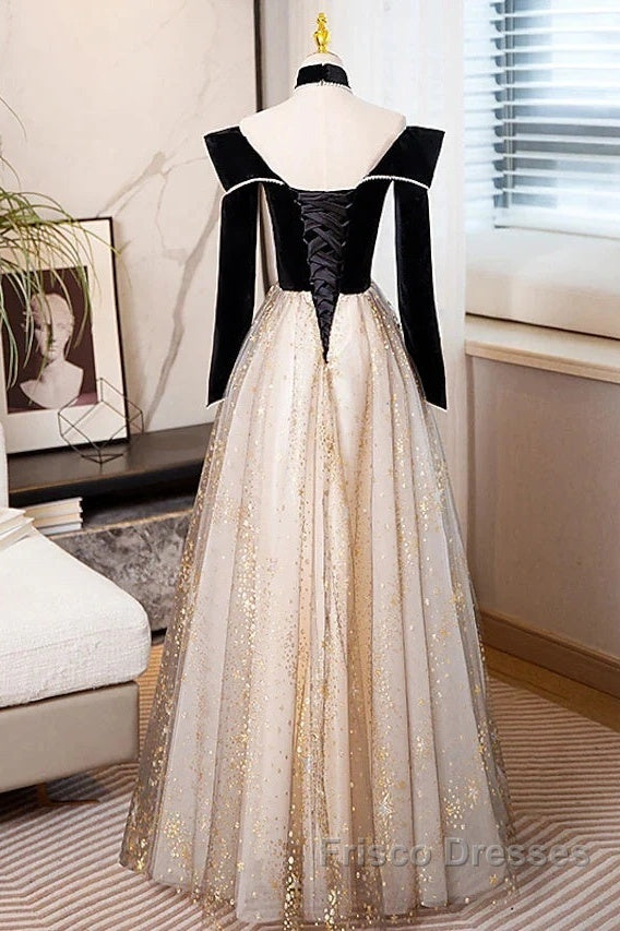 A-Line Formal Prom Dress Sparkle & Shine Dress Engagement Floor Length Long Sleeve Sweetheart Tulle With Sequin