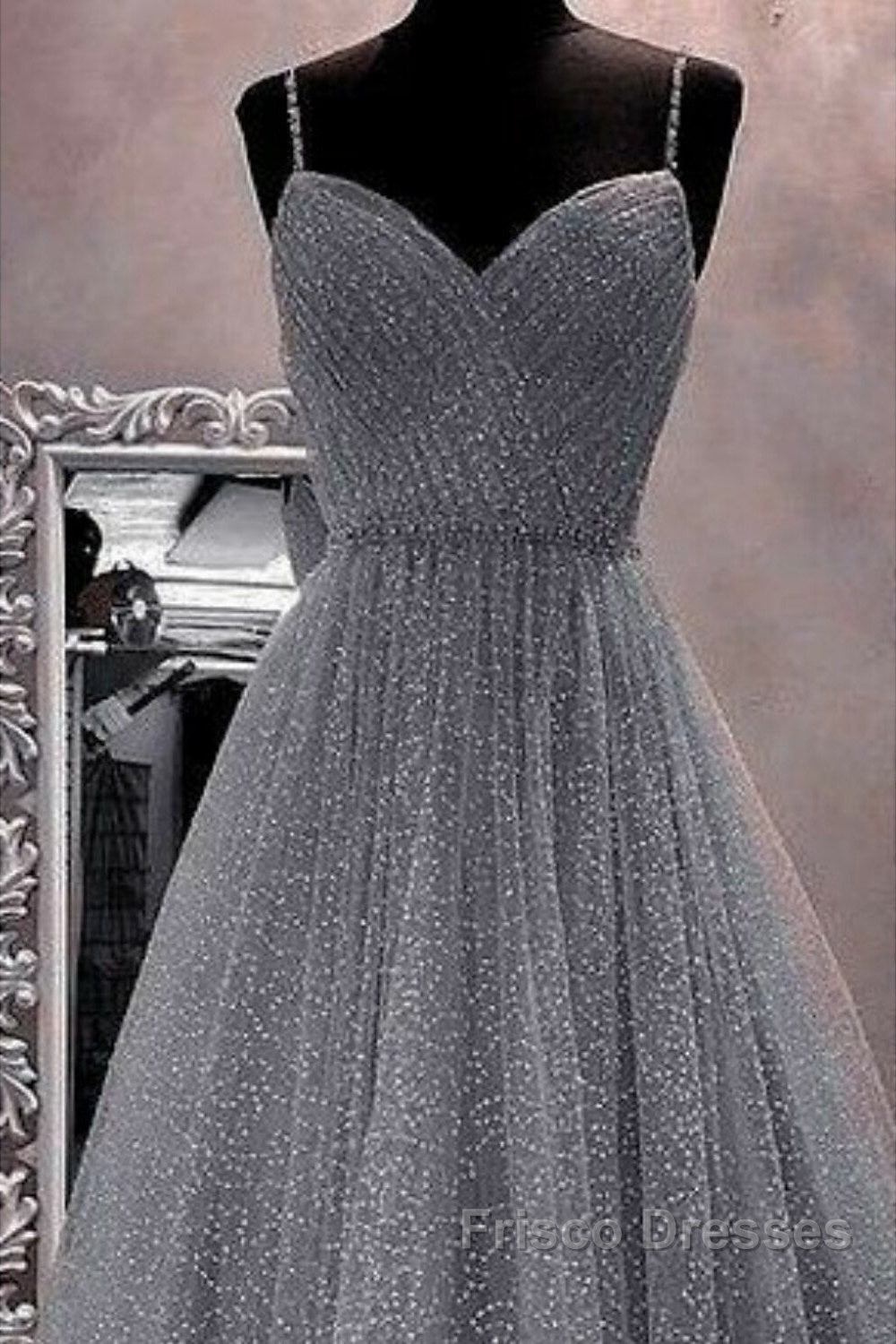 A-Line Formal Prom Dress Sparkle & Shine Dress Party Dress Birthday Floor Length Sleeveless Spaghetti Strap Tulle With Glitter Crystals