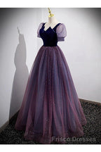 A-Line Formal Prom Dress Sparkle & Shine Dress Formal Prom Floor Length Short Sleeve Scoop Neck Tulle With Sequin