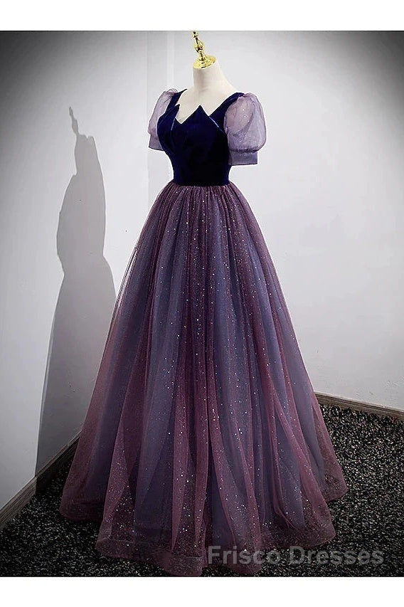 A-Line Formal Prom Dress Sparkle & Shine Dress Formal Prom Floor Length Short Sleeve Scoop Neck Tulle With Sequin