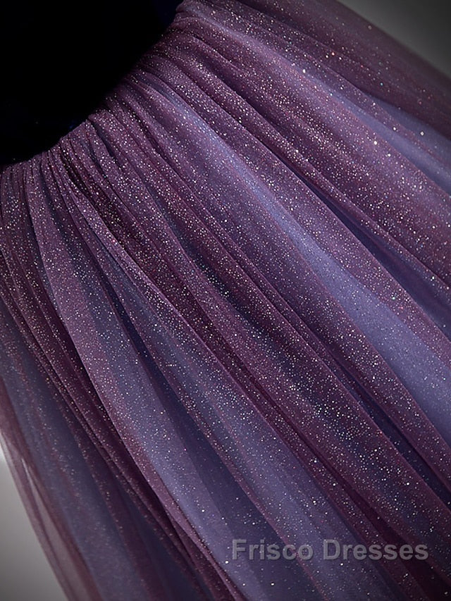 A-Line Formal Prom Dress Sparkle & Shine Dress Formal Prom Floor Length Short Sleeve Scoop Neck Tulle With Sequin