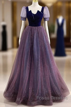 A-Line Formal Prom Dress Sparkle & Shine Dress Formal Prom Floor Length Short Sleeve Scoop Neck Tulle With Sequin