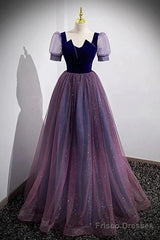 A-Line Prom Dresses Sparkle & Shine Dress Prom Floor Length Short Sleeve Scoop Neck Tulle With Sequin