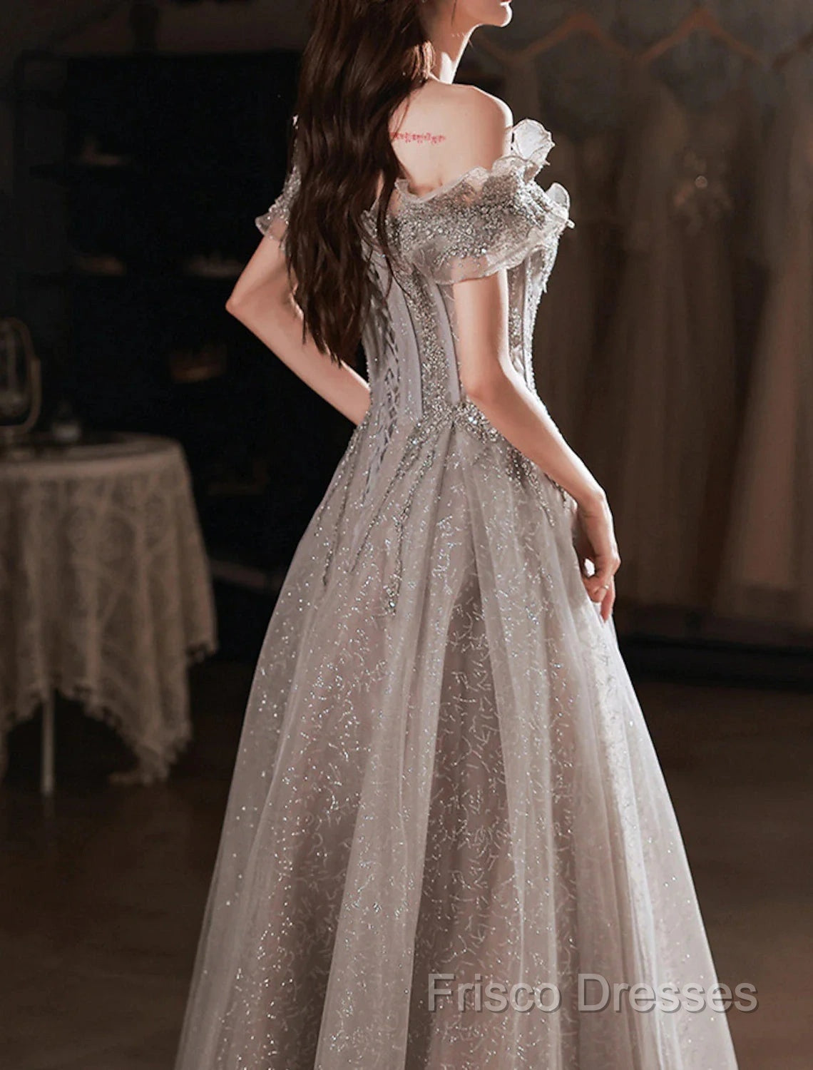 A-Line Formal Prom Dress Sparkle & Shine Dress Wedding Guest Formal Prom Floor Length Short Sleeve Off Shoulder Polyester With Sequin Ruffles