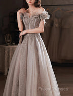 A-Line Formal Prom Dress Sparkle & Shine Dress Wedding Guest Formal Prom Floor Length Short Sleeve Off Shoulder Polyester With Sequin Ruffles