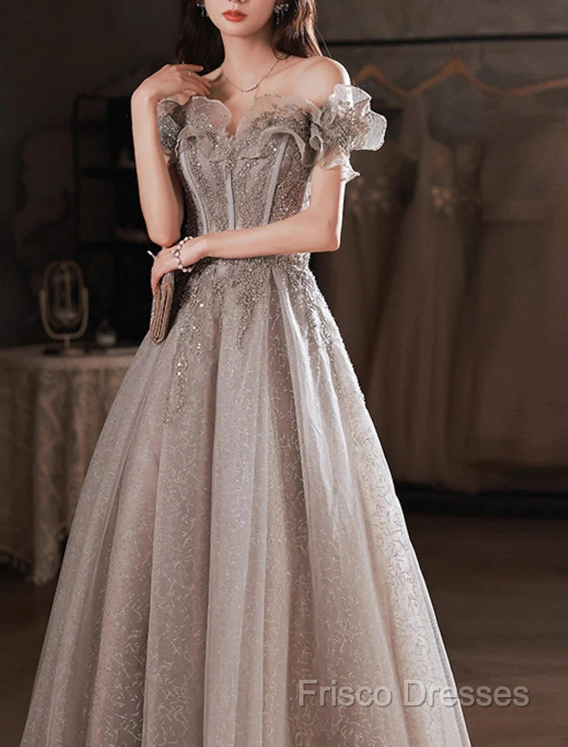 A-Line Formal Prom Dress Sparkle & Shine Dress Wedding Guest Formal Prom Floor Length Short Sleeve Off Shoulder Polyester With Sequin Ruffles