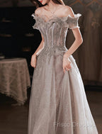 A-Line Formal Prom Dress Sparkle & Shine Dress Wedding Guest Formal Prom Floor Length Short Sleeve Off Shoulder Polyester With Sequin Ruffles