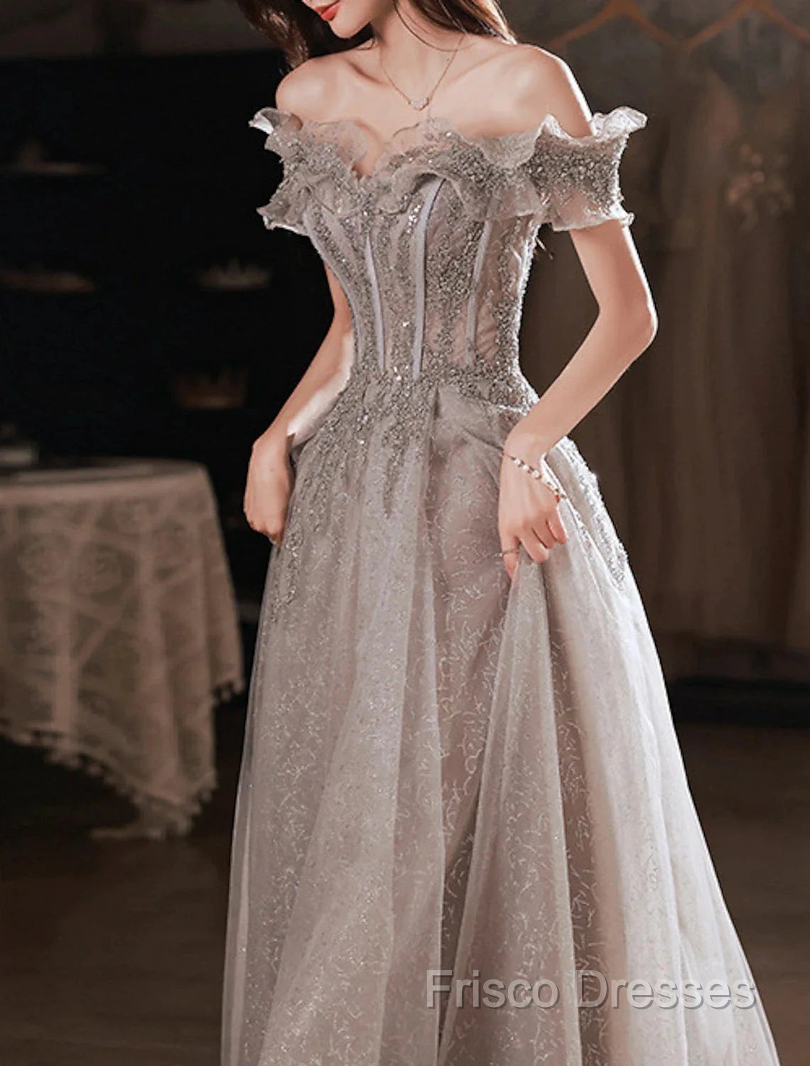 A-Line Formal Prom Dress Sparkle & Shine Dress Wedding Guest Formal Prom Floor Length Short Sleeve Off Shoulder Polyester With Sequin Ruffles