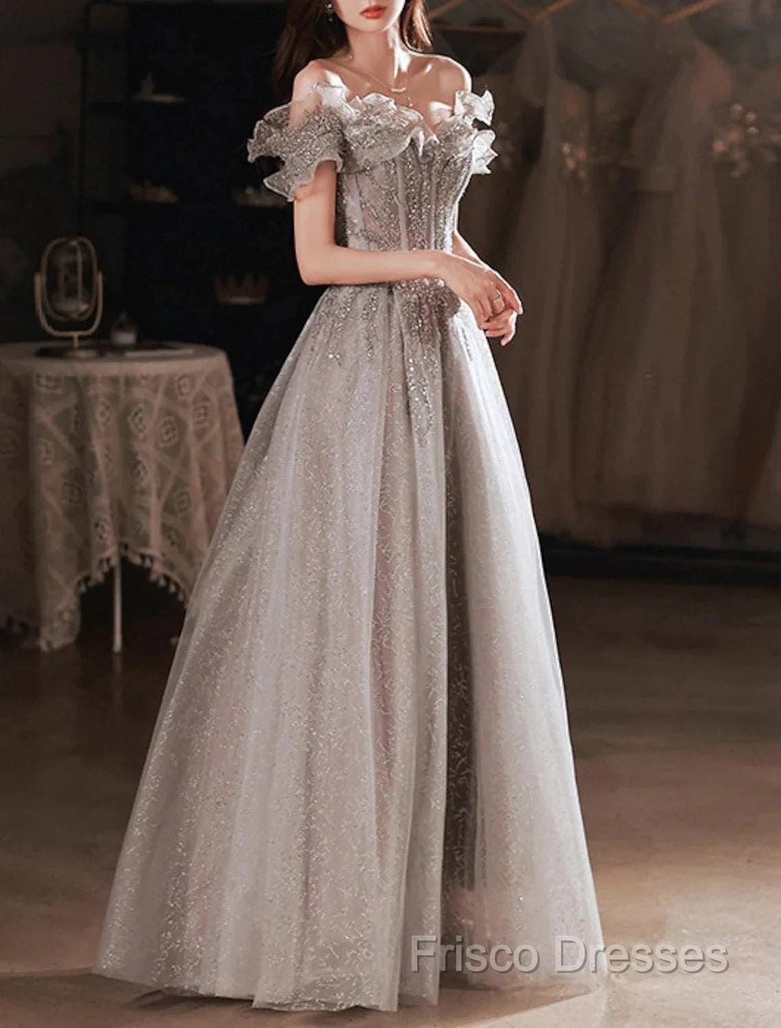 A-Line Formal Prom Dress Sparkle & Shine Dress Wedding Guest Formal Prom Floor Length Short Sleeve Off Shoulder Polyester With Sequin Ruffles