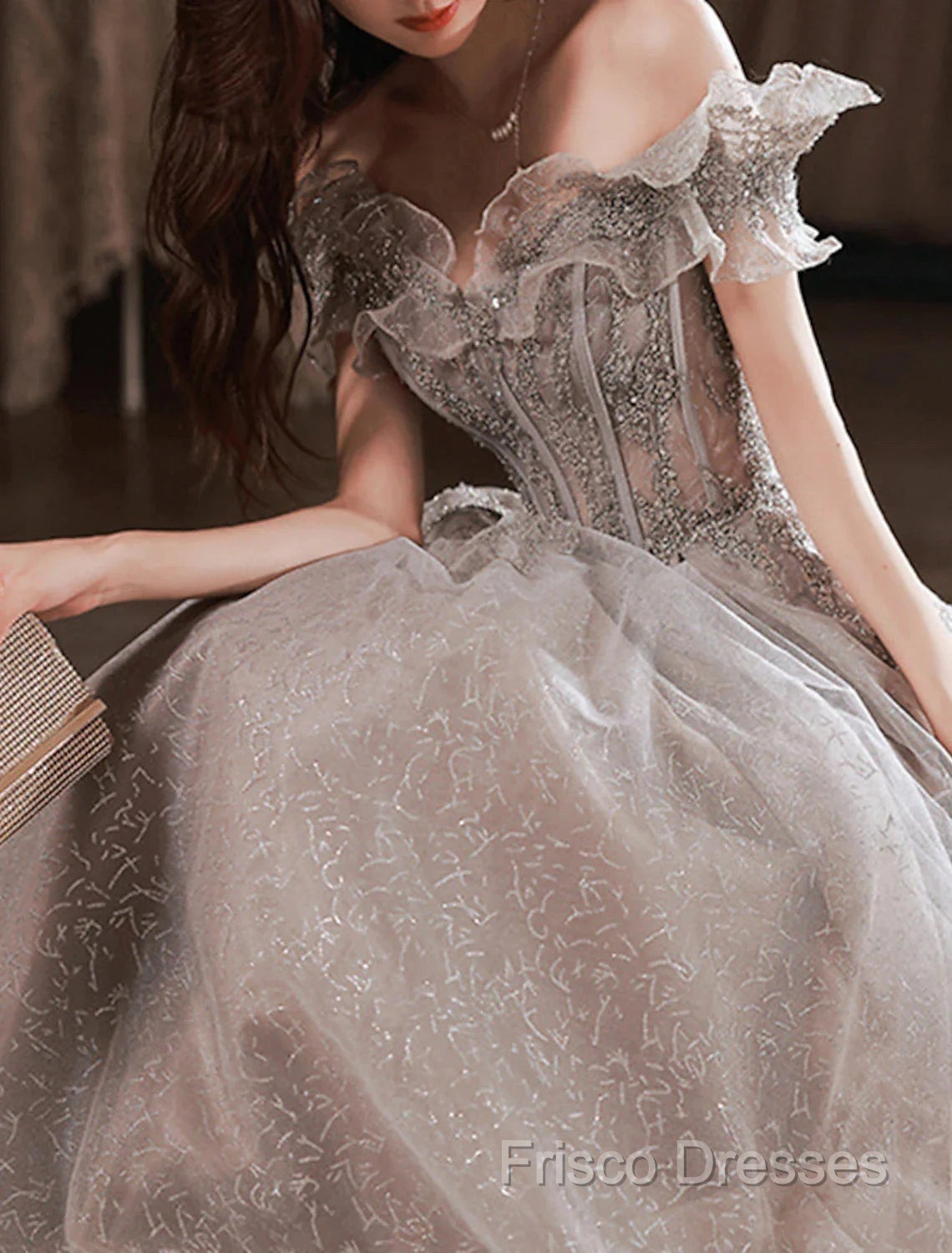 A-Line Formal Prom Dress Sparkle & Shine Dress Wedding Guest Formal Prom Floor Length Short Sleeve Off Shoulder Polyester With Sequin Ruffles