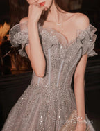 A-Line Formal Prom Dress Sparkle & Shine Dress Wedding Guest Formal Prom Floor Length Short Sleeve Off Shoulder Polyester With Sequin Ruffles