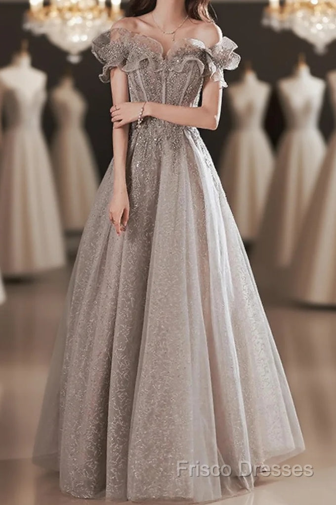 A-Line Formal Prom Dress Sparkle & Shine Dress Wedding Guest Formal Prom Floor Length Short Sleeve Off Shoulder Polyester With Sequin Ruffles