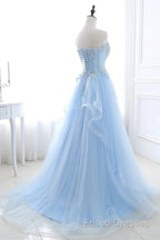 A Line Formal Prom Dress Sweetheart Tulle With Applique Sweep Train