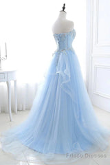A Line Prom Dresses Sweetheart Tulle With Applique Sweep Train