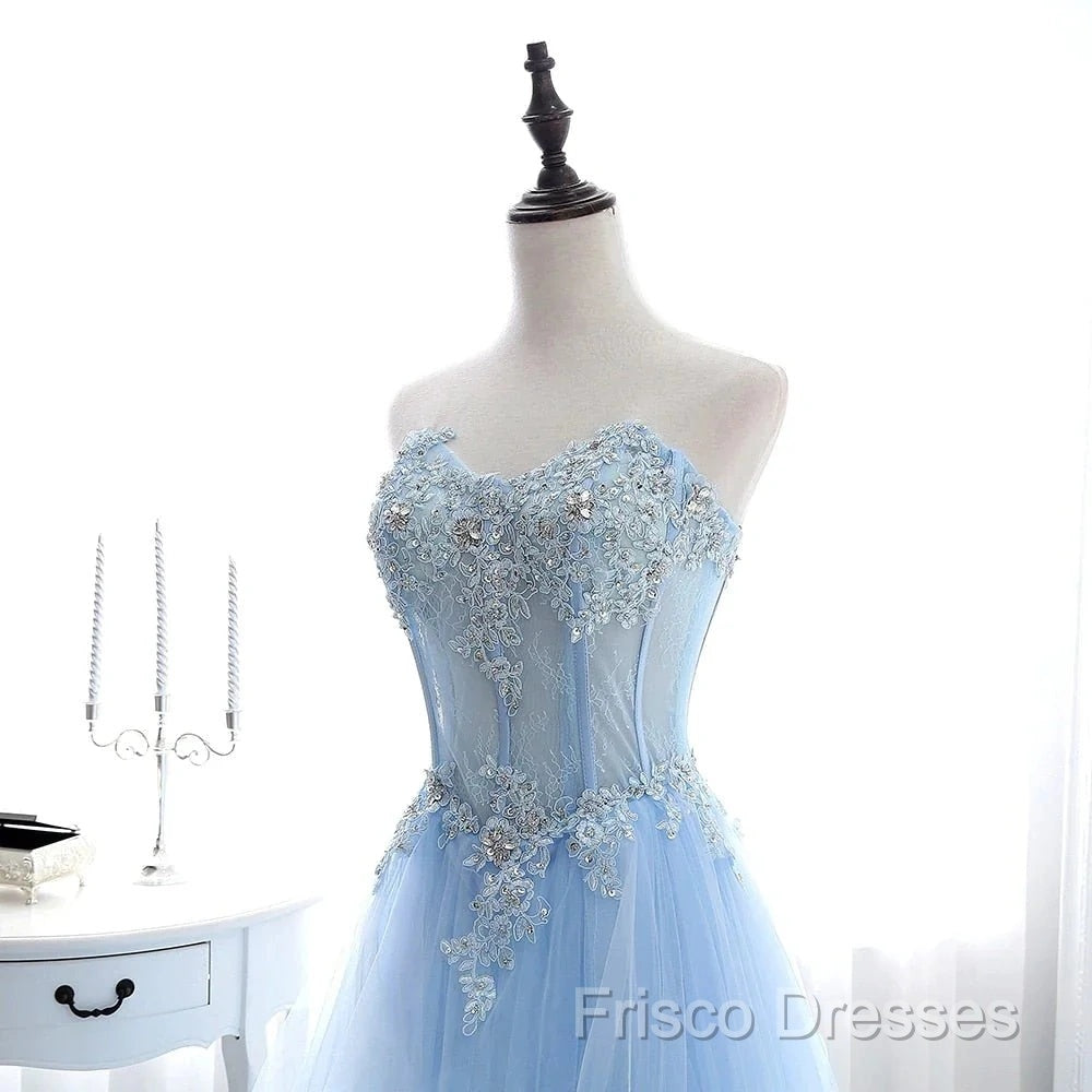 A Line Formal Prom Dress Sweetheart Tulle With Applique Sweep Train