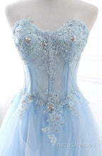 A Line Formal Prom Dress Sweetheart Tulle With Applique Sweep Train