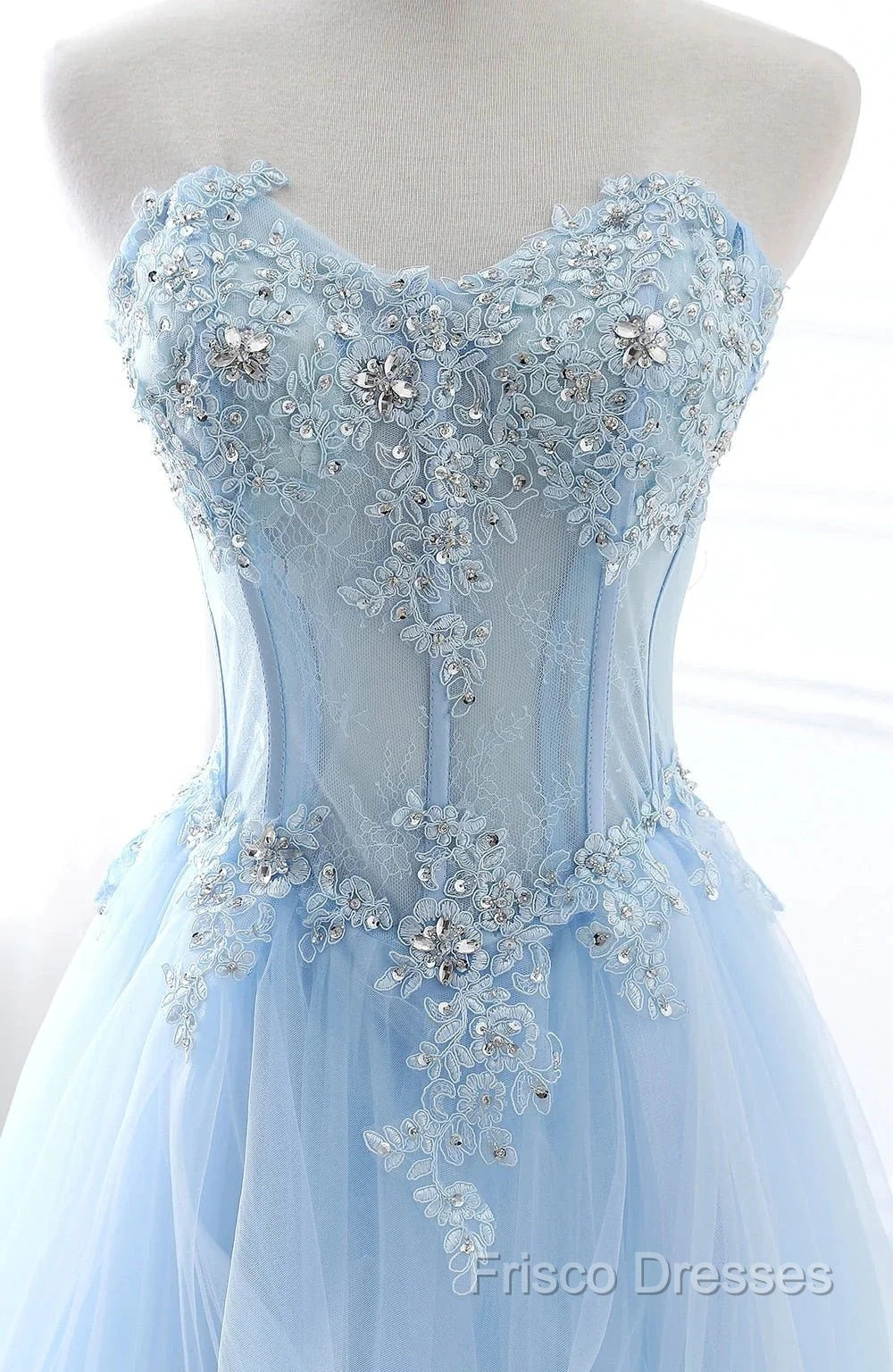 A Line Formal Prom Dress Sweetheart Tulle With Applique Sweep Train