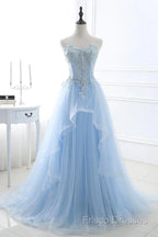 A Line Formal Prom Dress Sweetheart Tulle With Applique Sweep Train