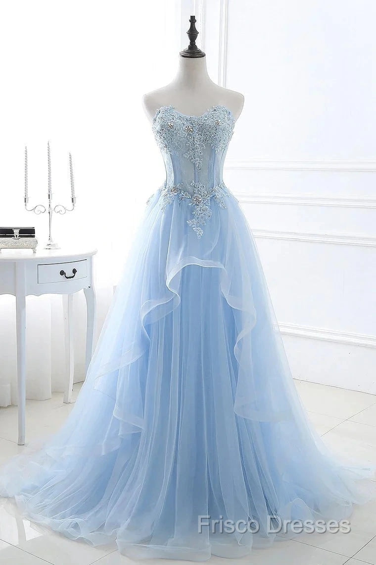 A Line Formal Prom Dress Sweetheart Tulle With Applique Sweep Train