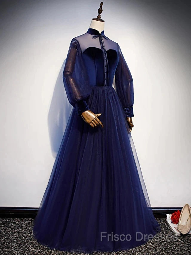A-Line Formal Prom Dress Vintage Dress Party Wear Floor Length Long Sleeve Stand Collar Tulle With Bow(S) Strappy Secondary image