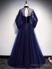A-Line Prom Dresses Vintage Dress Party Wear Floor Length Long Sleeve Stand Collar Tulle With Bow(S) Strappy