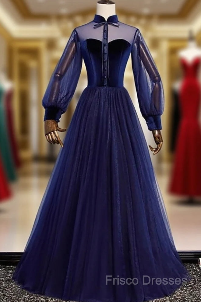 A-Line Formal Prom Dress Vintage Dress Party Wear Floor Length Long Sleeve Stand Collar Tulle With Bow(S) Strappy Main image