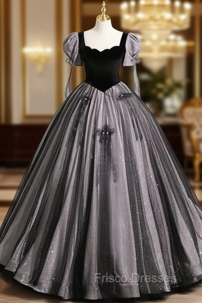 A-Line Puff Sleeves Black Long Formal Prom Dress, Black Sweet 16 Dress